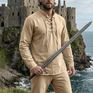 Detail of medieval vintage linen shirt featuring lace-up stand collar and fabric texture