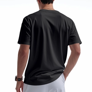 Back view of a black Henley short sleeve shirt with premium smooth fabric texture