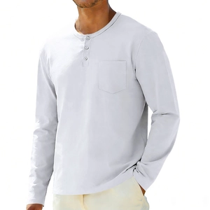 Detailed close-up of a three-button Henley collar and chest pocket on a gray men's long sleeve T-shirt