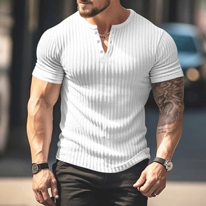 Detail shot of white Henley shirt featuring ribbed texture fabric and button neckline