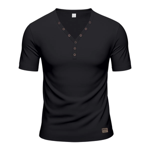 Detail of V-neck button placket and woven label on a black cotton Henley shirt