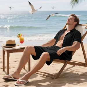 Sommerliches Herren Zweiteiler-Set aus schwarzem Leinen mit Kurzarmhemd und Shorts