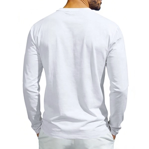 Back view of a white long sleeve Henley T-shirt for men with a relaxed fit and cotton fabric