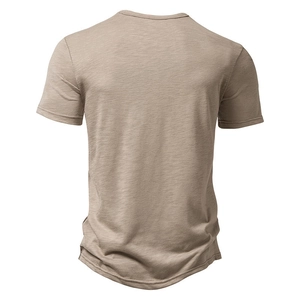 Back view of khaki linen Henley shirt showing slub texture and casual standard fit