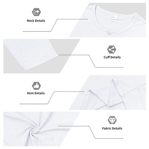 Detailed views of white Henley shirt neck, cuffs, and 100% polyester fabric texture