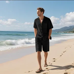 Schwarzes Herren-Set aus Leinen mit Kurzarmhemd und Shorts für Sommerurlaub am Strand