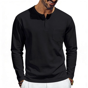 Detail of classic black long sleeve Henley shirt with 3-button placket and chest pocket