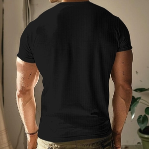 Rear view of men's slim fit black short-sleeve Henley T-shirt with vertical ribbed texture