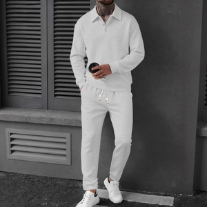 Ensemble Polo à Manches Longues et Pantalon Décontracté pour Hommes Survêtement Sportif Jacquard Texturé Top And Bottom Automne Printemps