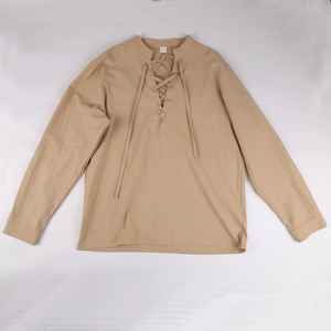 Detail of khaki linen-cotton Henley shirt featuring V-neck lace-up design and metal eyelets