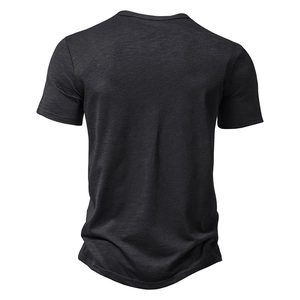 Rear view of dark grey cotton-linen Henley T-shirt with textured fabric on white background