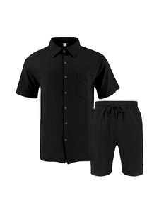 Schwarzes Herren-Leinen-Strandset mit Kurzarmhemd und Shorts mit Kordelzug-Bund