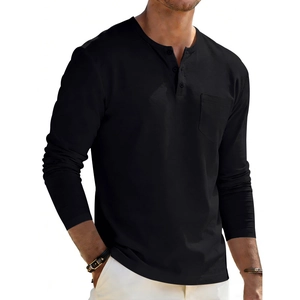 Close-up of black men's long sleeve Henley shirt featuring three-button placket and chest pocket