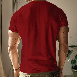 Detail of the back view of a slim fit men's burgundy knit Henley T-shirt with ribbed texture