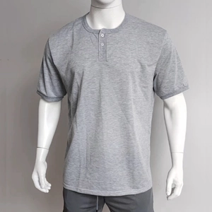 Detail of grey short sleeve Henley shirt featuring three-button placket and ribbed collar