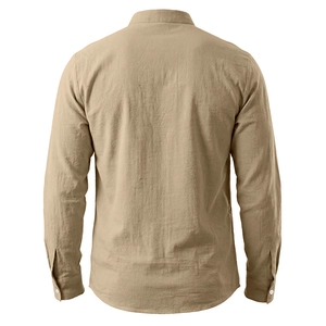 Back view of khaki men's long sleeve linen shirt with curved hem and button cuffs