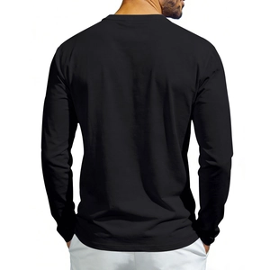 Rear view of men's slim fit black long sleeve cotton T-shirt showing fabric texture