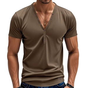 Detail view of V-neck button design and textured fabric on dark brown Henley t-shirt