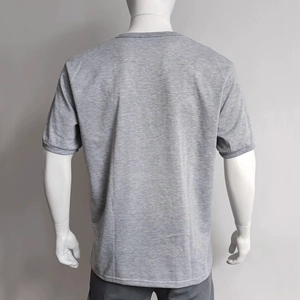 Rear view of a grey slim fit Henley short sleeve T-shirt for men on a mannequin