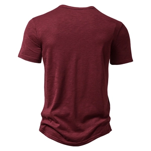 Back view of burgundy men's henley t-shirt with slub cotton texture and curved hemline