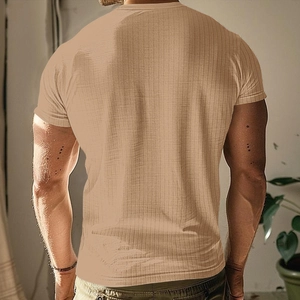 Rear view of khaki short sleeve Henley shirt with vertical knit texture and slim fit design