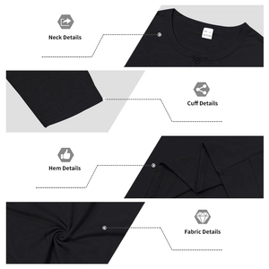 Detail view of black Henley shirt neckline, cuffs, hem and 100% polyester fabric texture