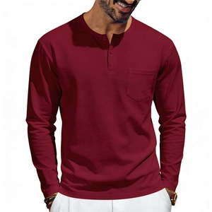 Detail of the three-button Henley neckline and chest pocket on a burgundy men's long sleeve tee