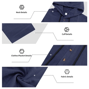 Detail view of navy linen hooded shirt with drawstrings, wooden buttons and fabric texture