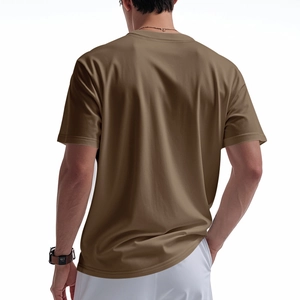Rear view of brown cotton Henley t-shirt for men showing relaxed fit and casual texture