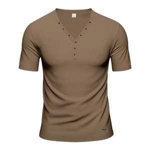 Detail of the brown Henley shirt neckline with button design and size M fabric label