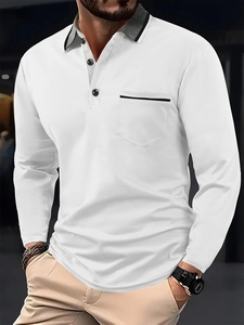 Detail of white long sleeve Polo shirt with gray contrast collar and chest pocket