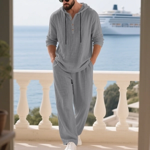 Close-up of linen fabric texture on grey men's hooded henley and casual pants set