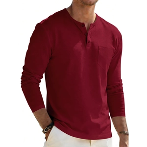 Detailed view of the three-button Henley collar and chest pocket on a burgundy shirt