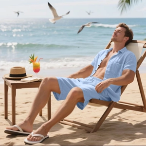 Herren-Set aus hellblauem Leinen mit Kurzarmhemd und Shorts vor sonnigem Strandhintergrund