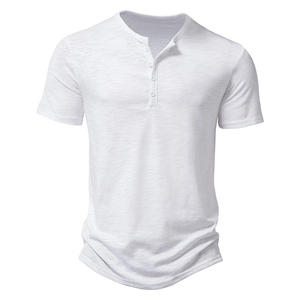 Detail view of the slub texture fabric and button placket on the white Henley shirt