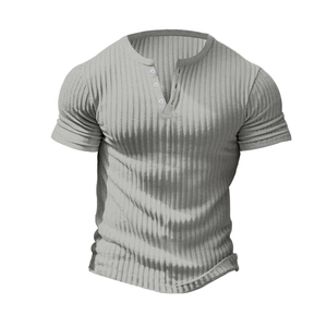Detail view of men's grey short sleeve Henley shirt with ribbed texture and white buttons
