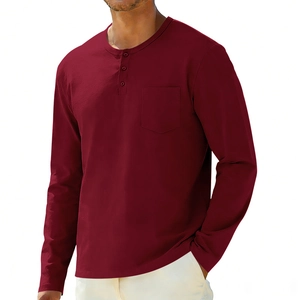 Detail view of burgundy long sleeve Henley shirt featuring buttoned placket and chest pocket