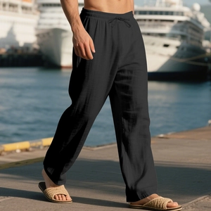 Detail der schwarzen Leinen-Freizeithose für Herren mit elastischem Kordelzug und lockerer Passform