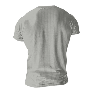 Rear view of light grey short sleeve Henley t-shirt featuring vertical ribbed knit texture