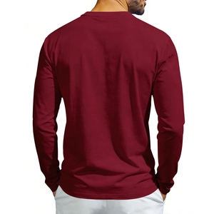 Rear view of a men's burgundy long sleeve Henley shirt with soft stretch fabric texture
