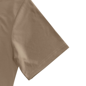Detailed macro view of khaki Henley shirt sleeve with high-quality double-needle stitching