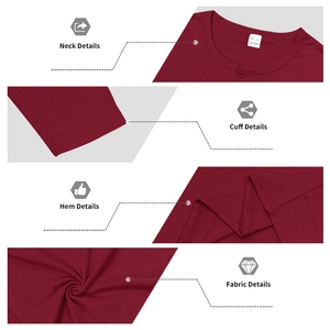 Detailed views of wine red long sleeve henley shirt showing neckline and fabric texture