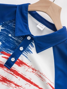 Short sleeve polo shirt for men with 3D star and stripe pattern and buttoned collar