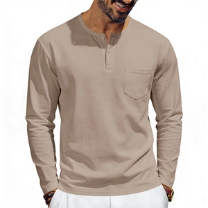 Detail view of khaki Henley shirt neck with three buttons and a functional chest pocket