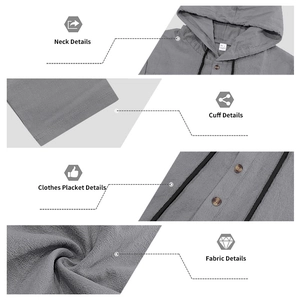 Detail of dark grey linen hoodie set showing hood drawstrings and vintage brown buttons