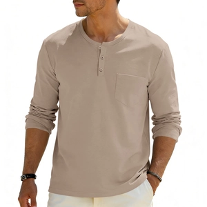 Detail of khaki Henley shirt showing three-button placket and front chest pocket