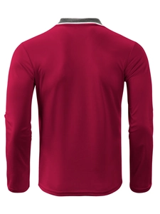 Men's burgundy long sleeve golf polo shirt with gray contrast collar, back view