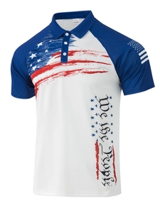 Detail of 3D flag print and We the People text on quick-dry polyester polo shirt