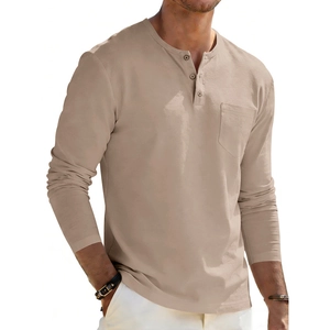 Detail of retro khaki cotton Henley shirt showing three-button collar and chest pocket