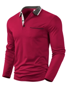 Men's slim fit long sleeve Polo shirt in burgundy with contrast grey collar and chest pocket